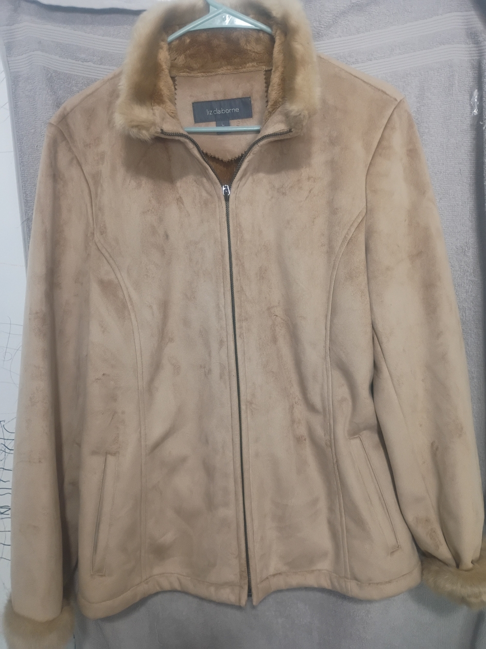 Liz Claiborne Beige Faux Suede Teddy Jacket with Faux-Fur Trim